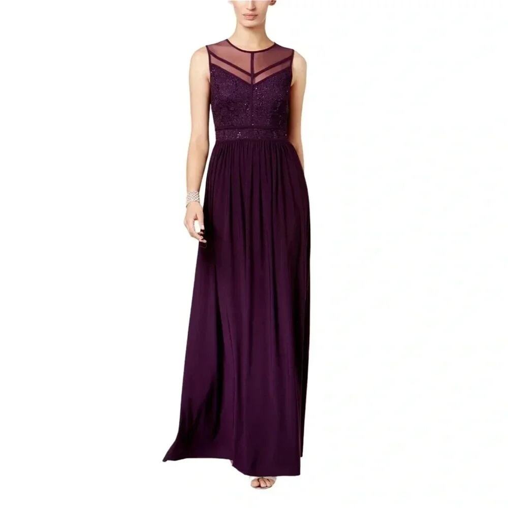 Nightway Womens PurpleSequined Lace Mesh Crew-Neck Formal Dress Size 8 NWT